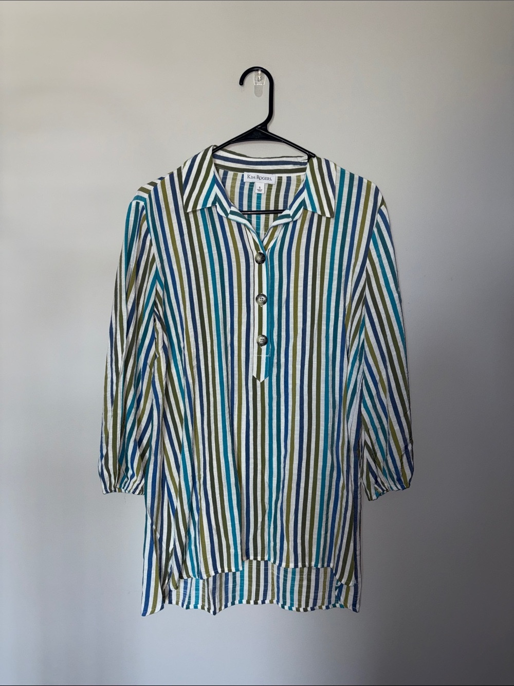 Kim Rogers Vertical Striped Tunic in Blue, Olive & White Small